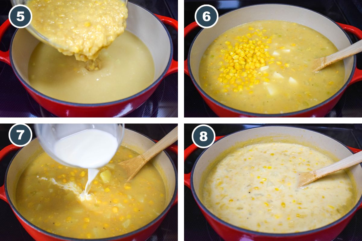 A collage of four pictures showing steps five through eight of making the chowder.