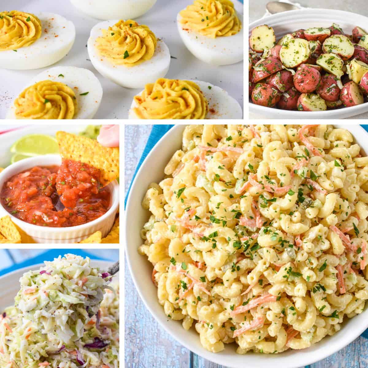 A collage of five pictures featured in the recipe collection: deviled eggs, chimichurri potatoes, salsa, coleslaw, and macaroni salad.