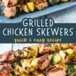 Two pictures of the chicken skewers with a blue-gray graphic in the middle with the title in white letters.