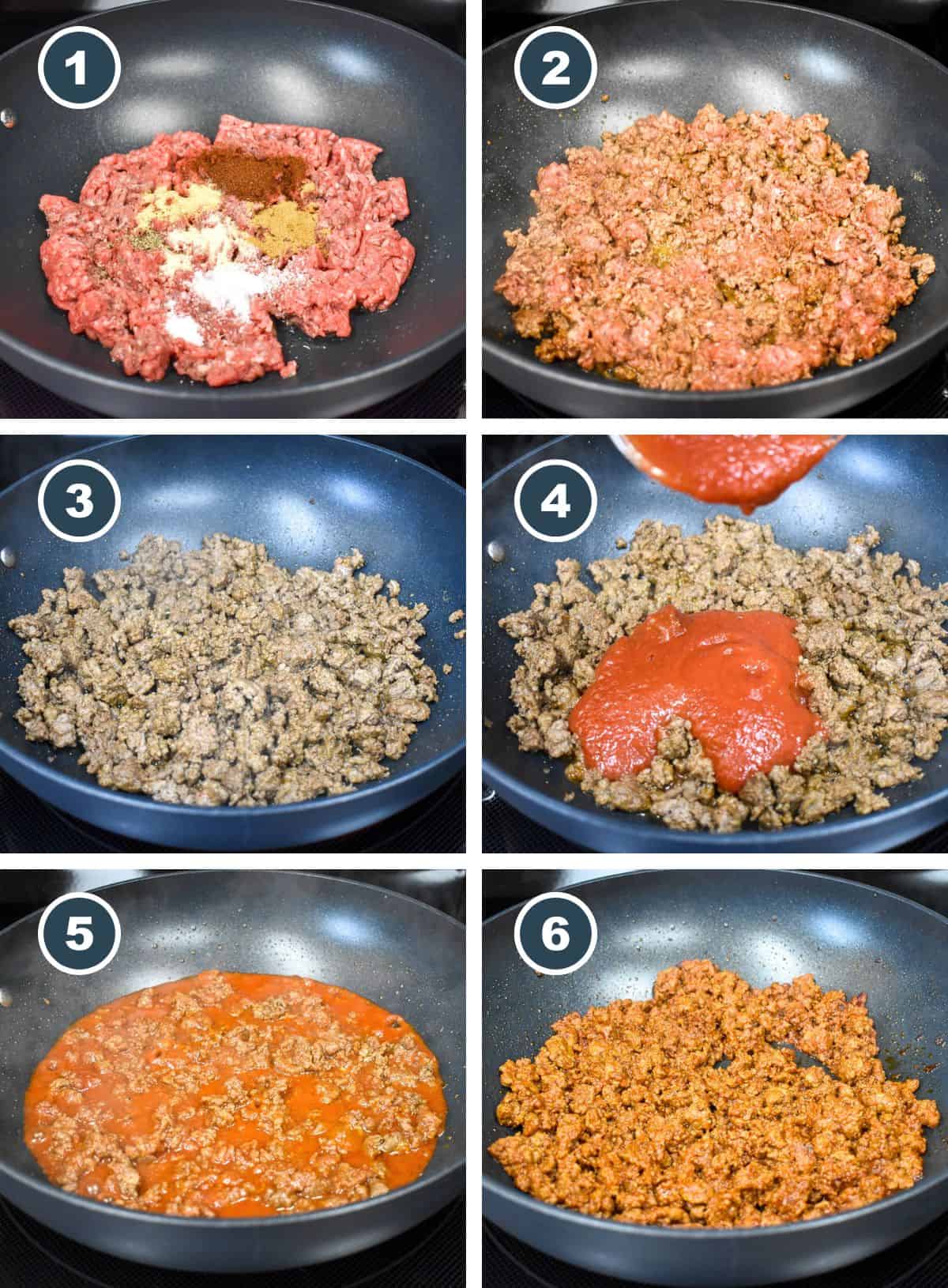 A collage of six picture showing the steps to making the ground beef topping.