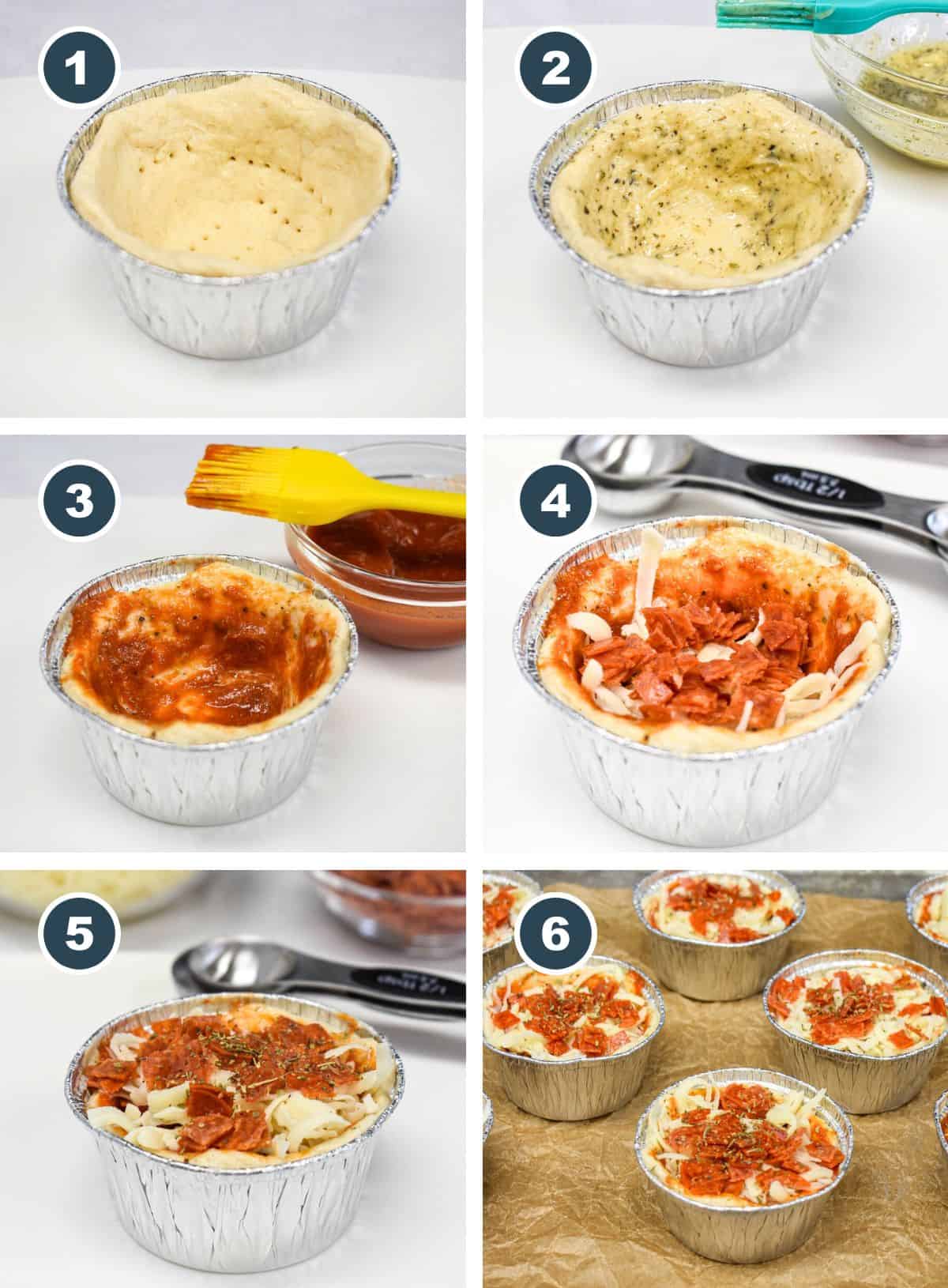 A collage of six pictures showing the steps to making the pizza pot pies in individual tin foil cups.