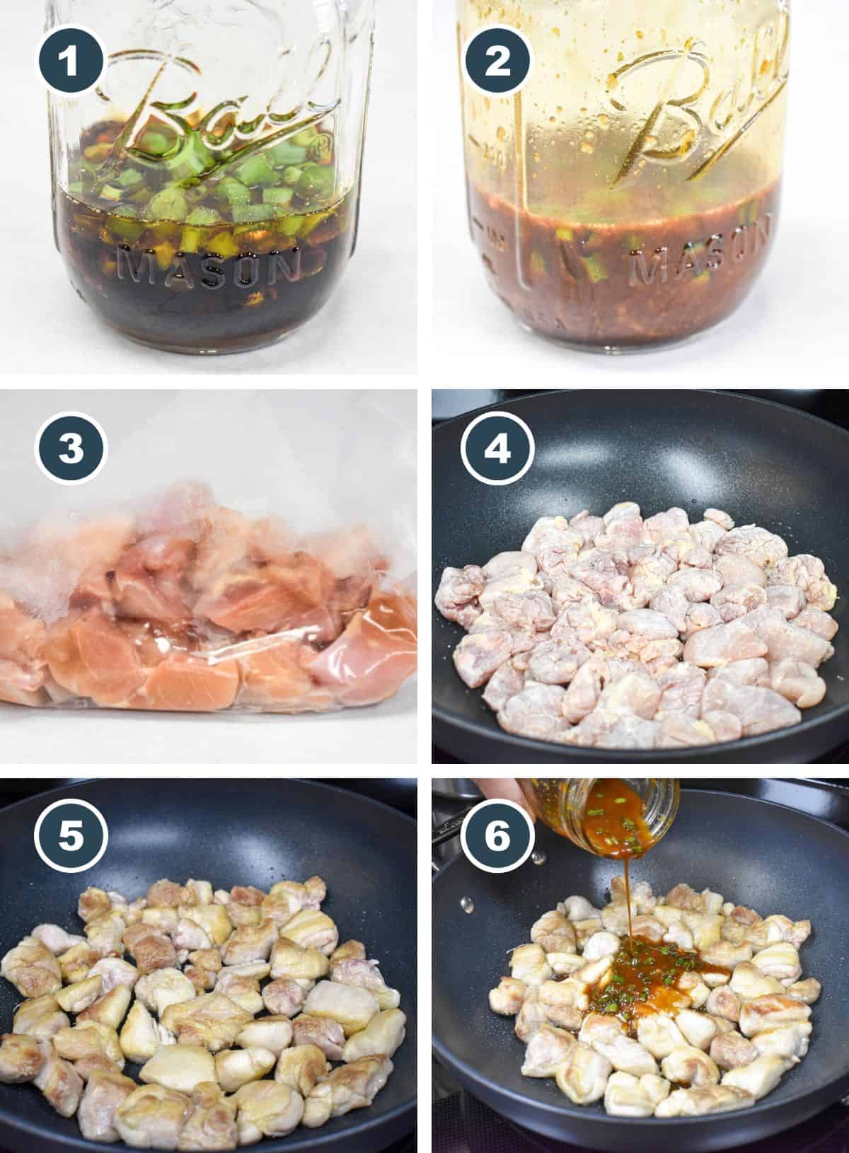 A collage of six pictures showing the steps to making the sesame chicken.