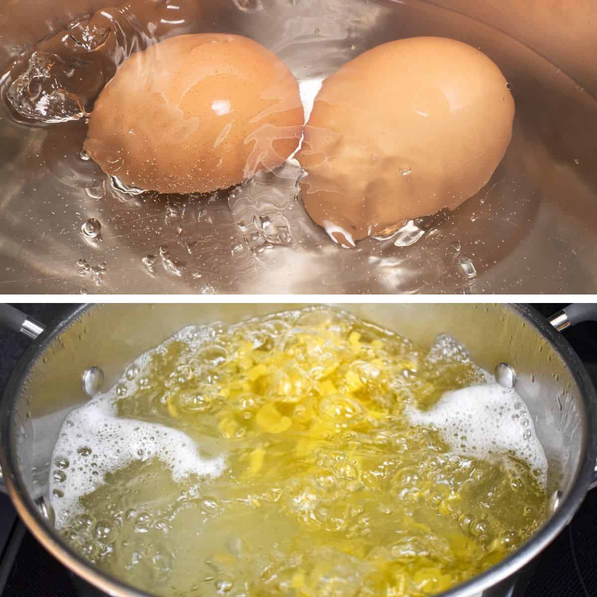A collage with two pictures, the top one are two eggs boiling in a pan and the second is macaroni boiling in a pot.