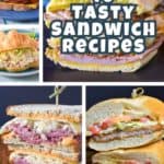 A collage of 5 pictures of sandwiches featured in the post with the title in bold white and blue letters.