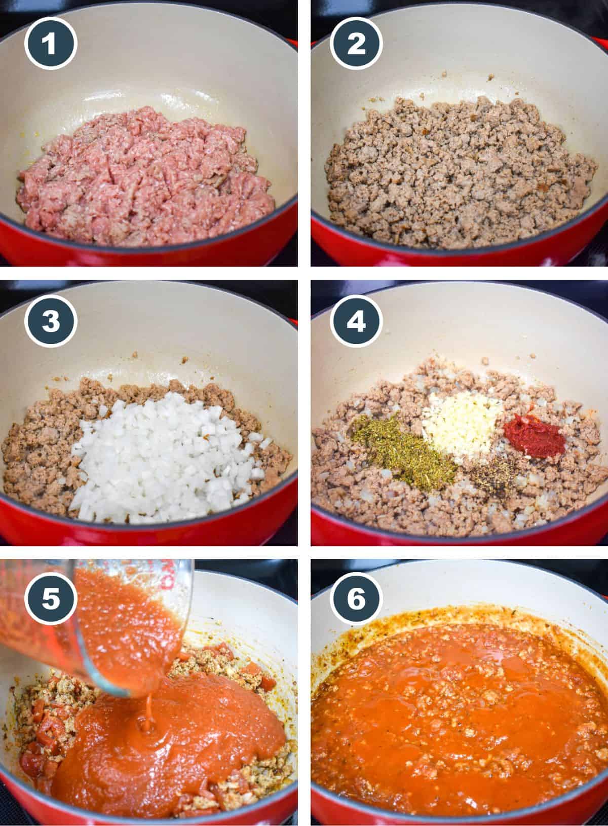 A collage of six pictures showing the steps to making the dish.