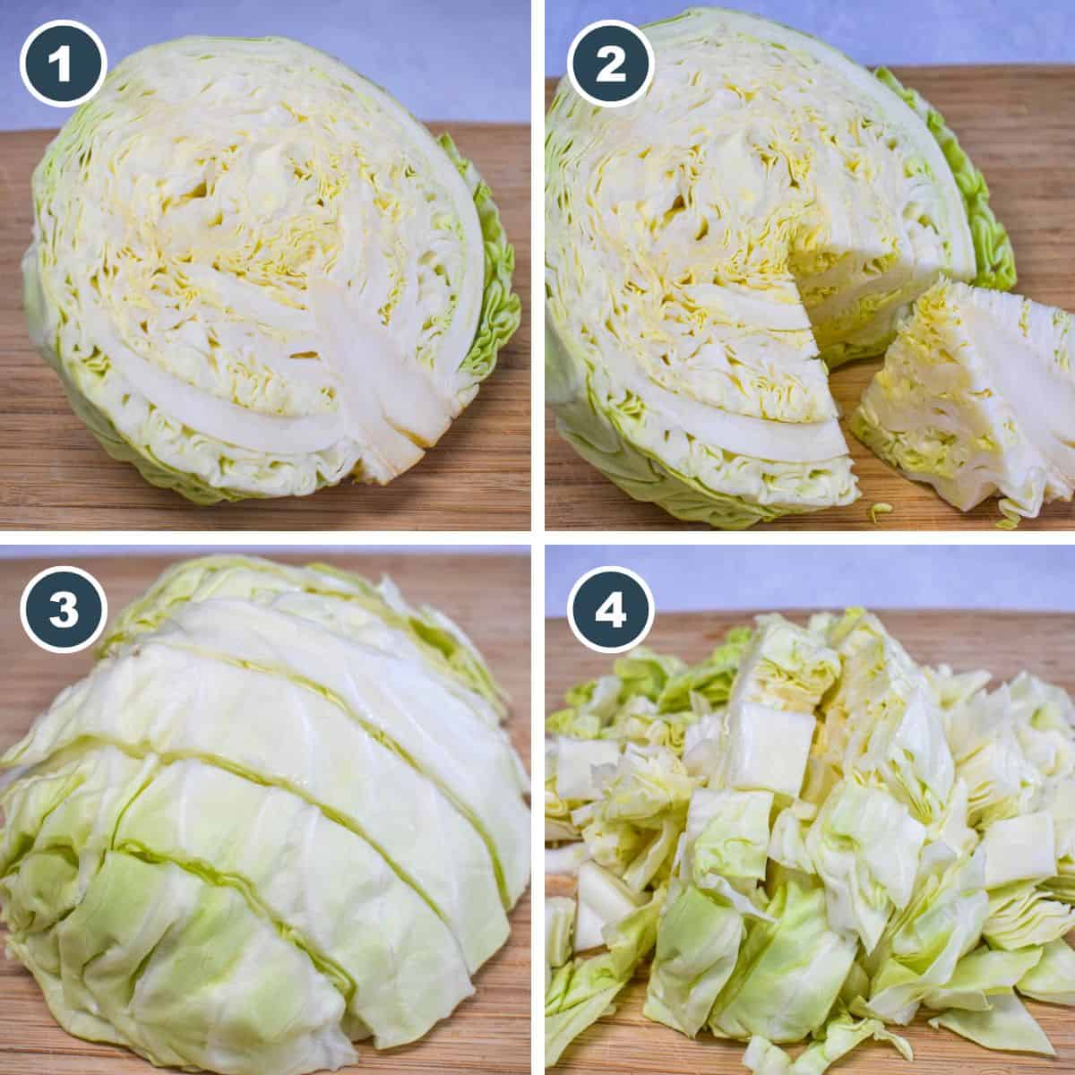 A collage of four pictures showing the steps to cutting the cabbage into bite sized pieces.