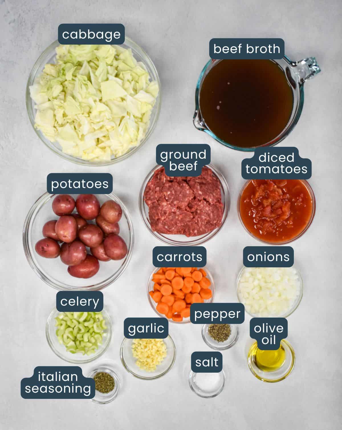 The ingredients for the soup prepped and arranged in glass bowls on a white table with each labeled with blue and white letters.