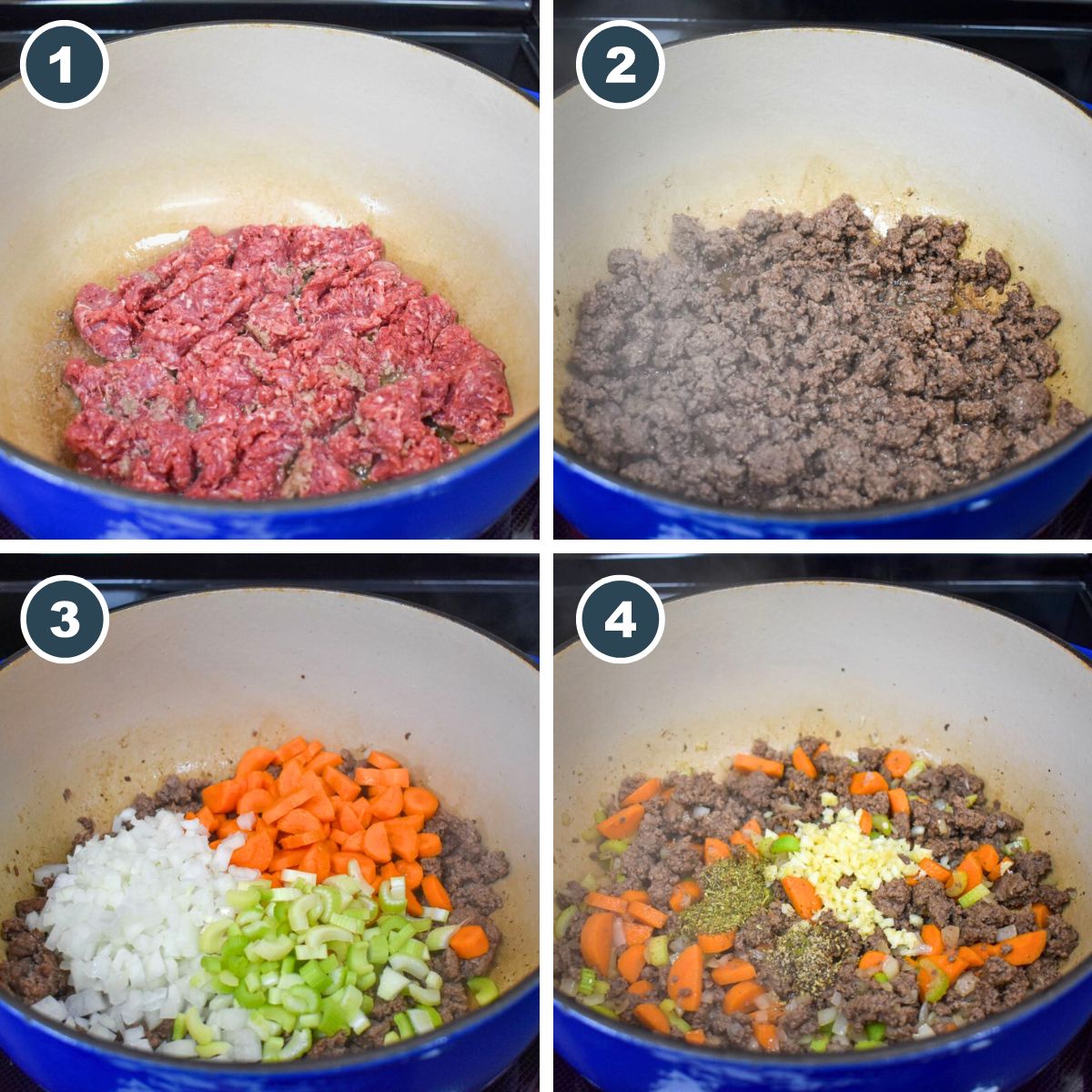 A collage showing the first four steps to making the soup, each is numbered.