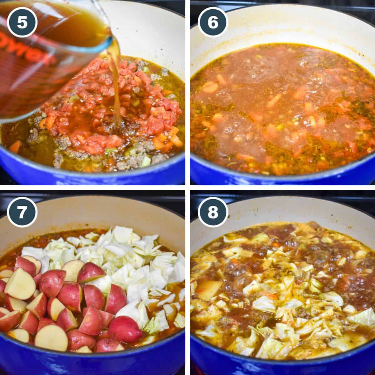 A collage showing steps five, six, seven, and eight to making the soup, each is numbered.