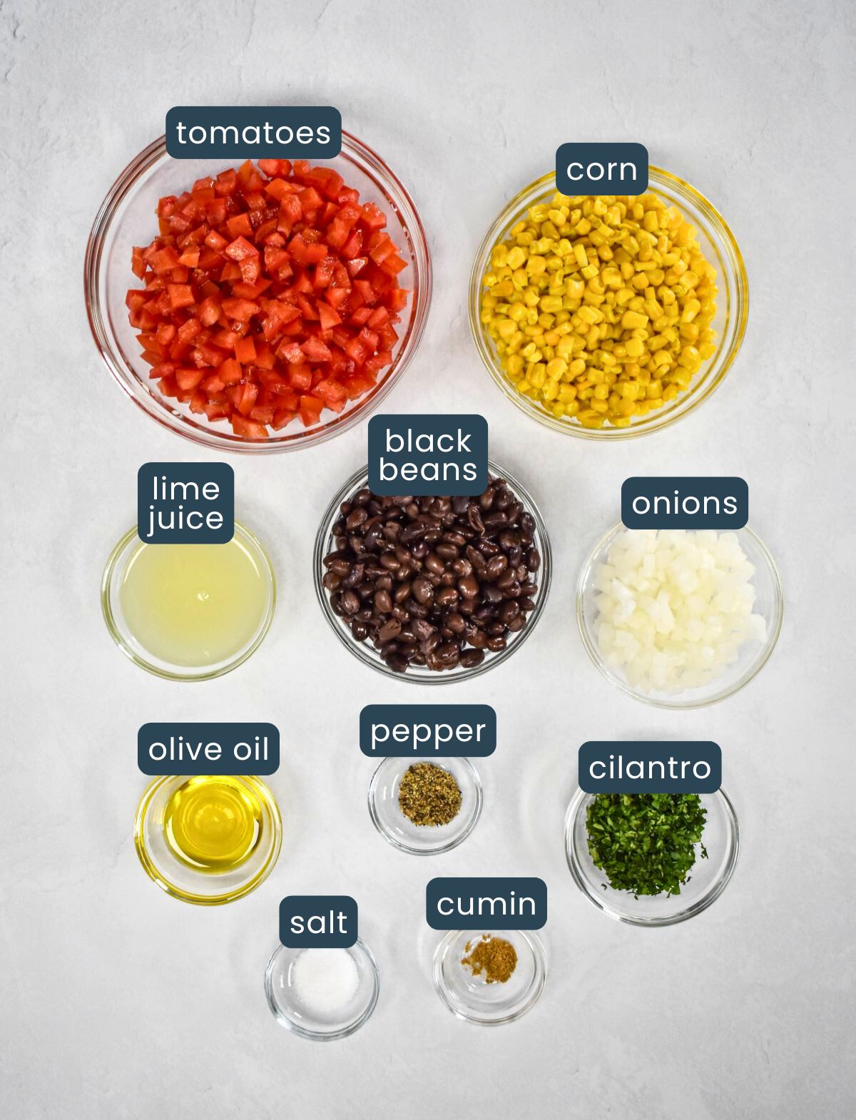 The ingredients for the salsa dip prepped and arranged in glass bowls on a white table with each labeled in blue with white letters.