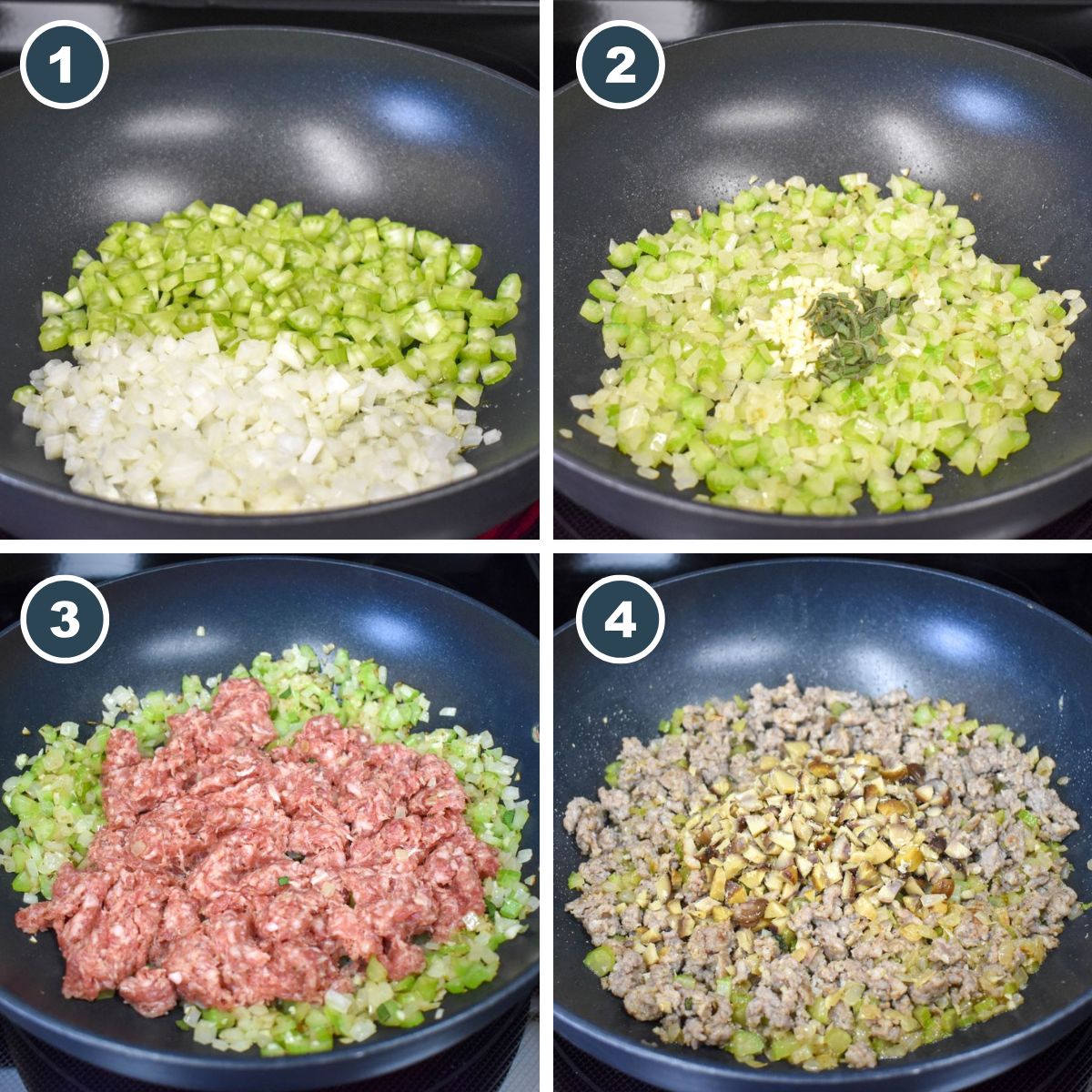 A collage of four pictures showing steps one through four of making the sausage mixture for the stuffing.