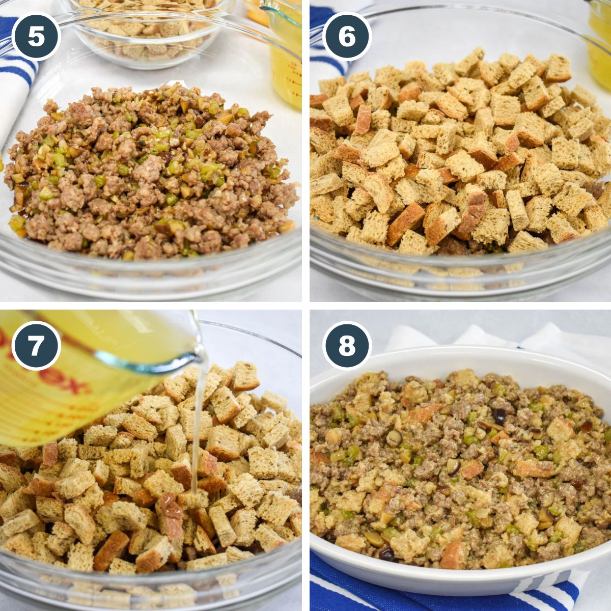 A collage of four pictures showing steps five through eight of putting the stuffing together.