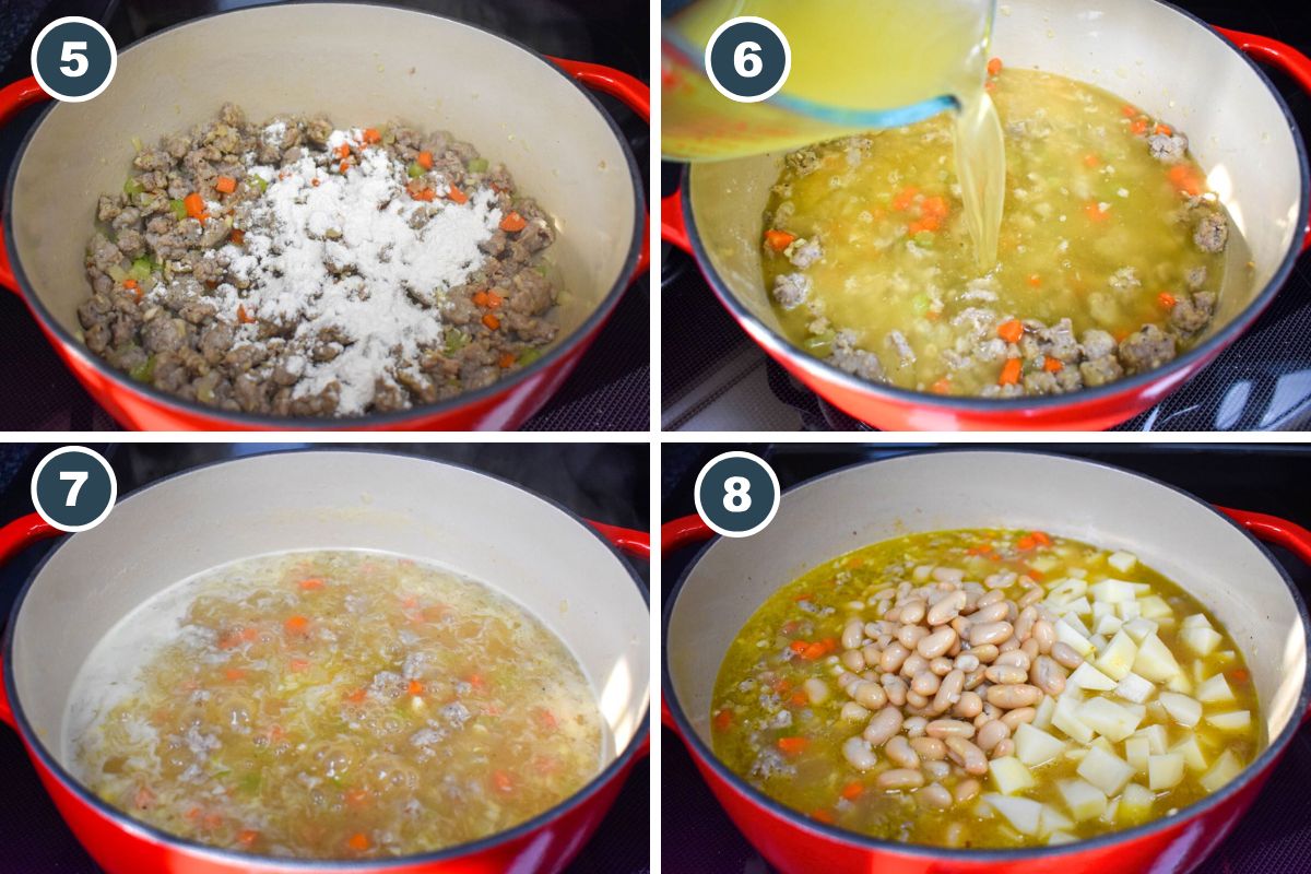 A collage of four pictures showing steps five through eight of making the soup.