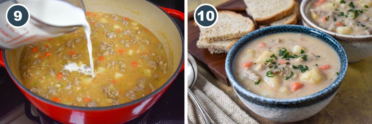 Two pictures showing steps nine and ten of making the soup.