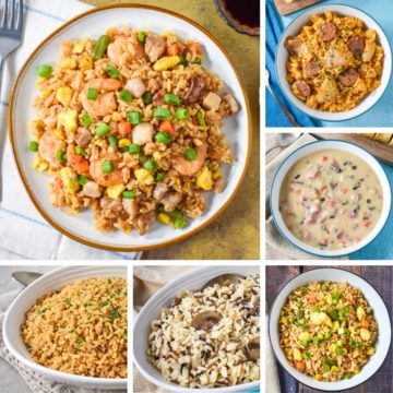 A collage of rice recipes, including shrimp and chicken fried rice, sausage and rice, creamy ham and wild rice soup, seasoned rice, mushroom wild rice pilaf, and egg fried rice.