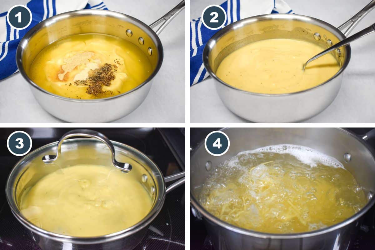 A collage showing steps one through four of making the pasta bake.