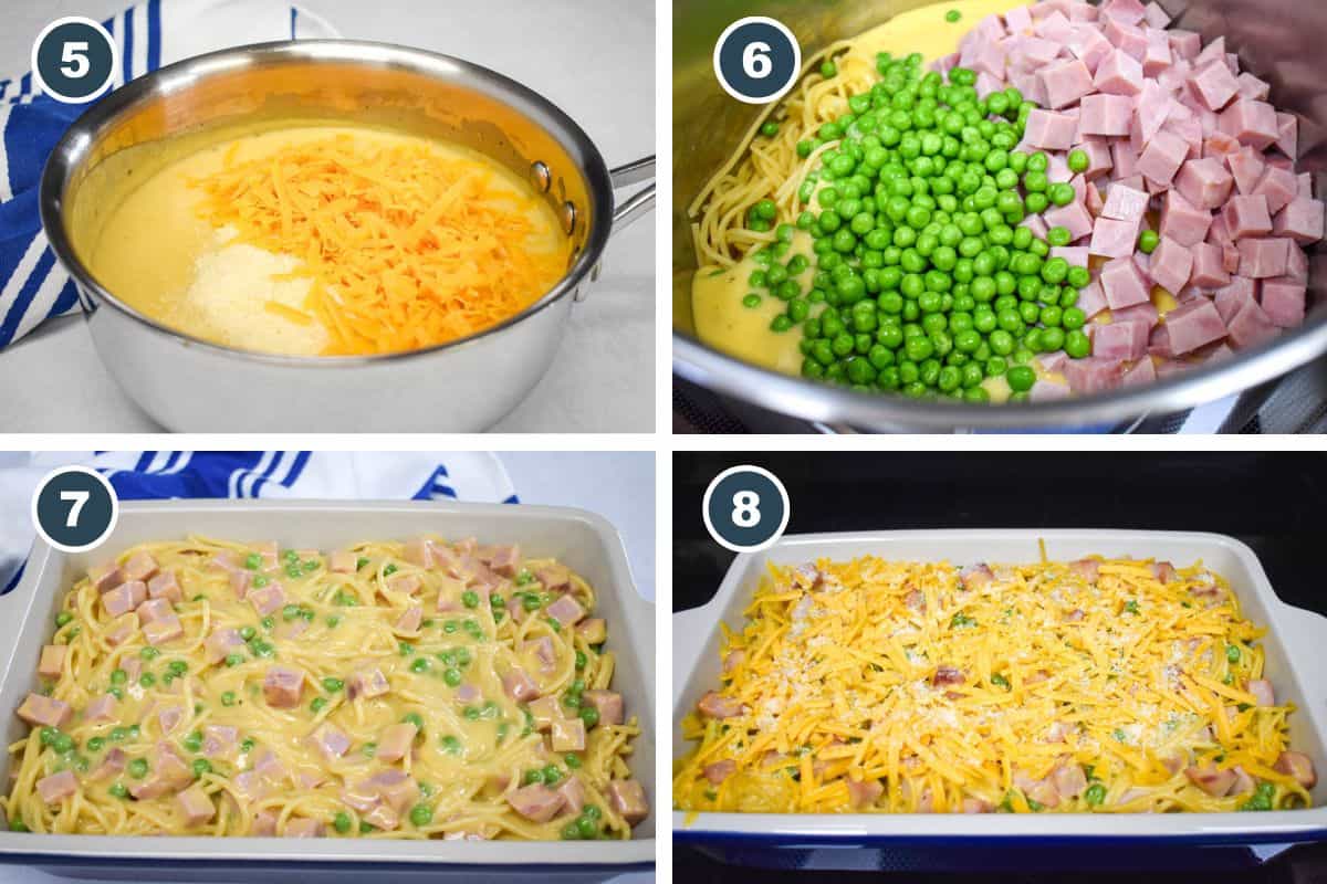 A collage showing steps five through eight of making the pasta bake.