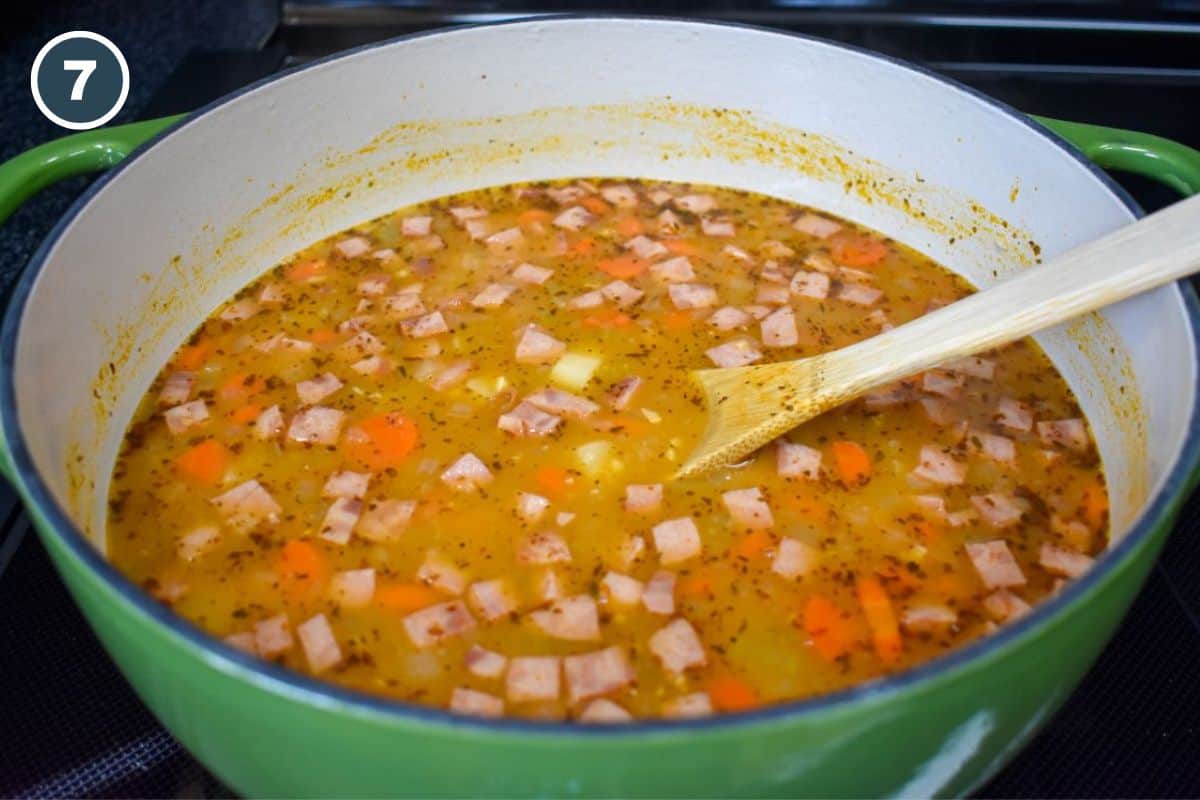 The finished soup still in the green and white Dutch oven.