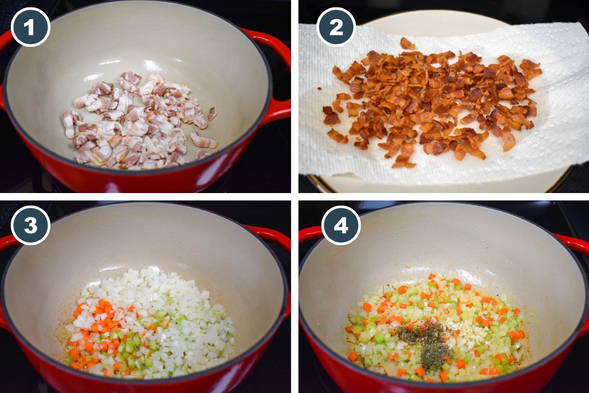 Step-by-step cooking process. Step 1: Chopped bacon cooking in a red Dutch oven. Step 2: Cooked bacon draining on a paper towel. Step 3: Diced onions, carrots, and celery sautéing in the pot. Step 4: Garlic, black pepper, and thyme added to the vegetables.