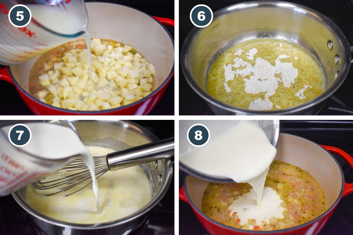 Step-by-step cooking process. Step 5: Pouring broth and clam juice over diced potatoes in a red Dutch oven. Step 6: Butter and flour cooking in a saucepan. Step 7: Milk poured into the saucepan while whisking. Step 8: White sauce being added to the pot.