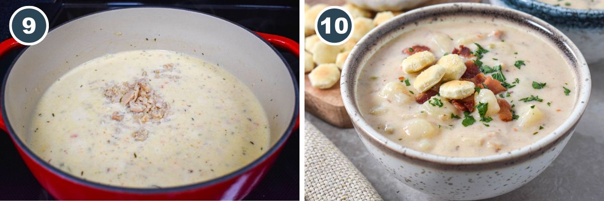 Step-by-step cooking process. Step 9: Chopped clams added to the simmering soup in a red Dutch oven. Step 10: Finished dish served in a bowl, garnished with bacon, parsley, and oyster crackers.